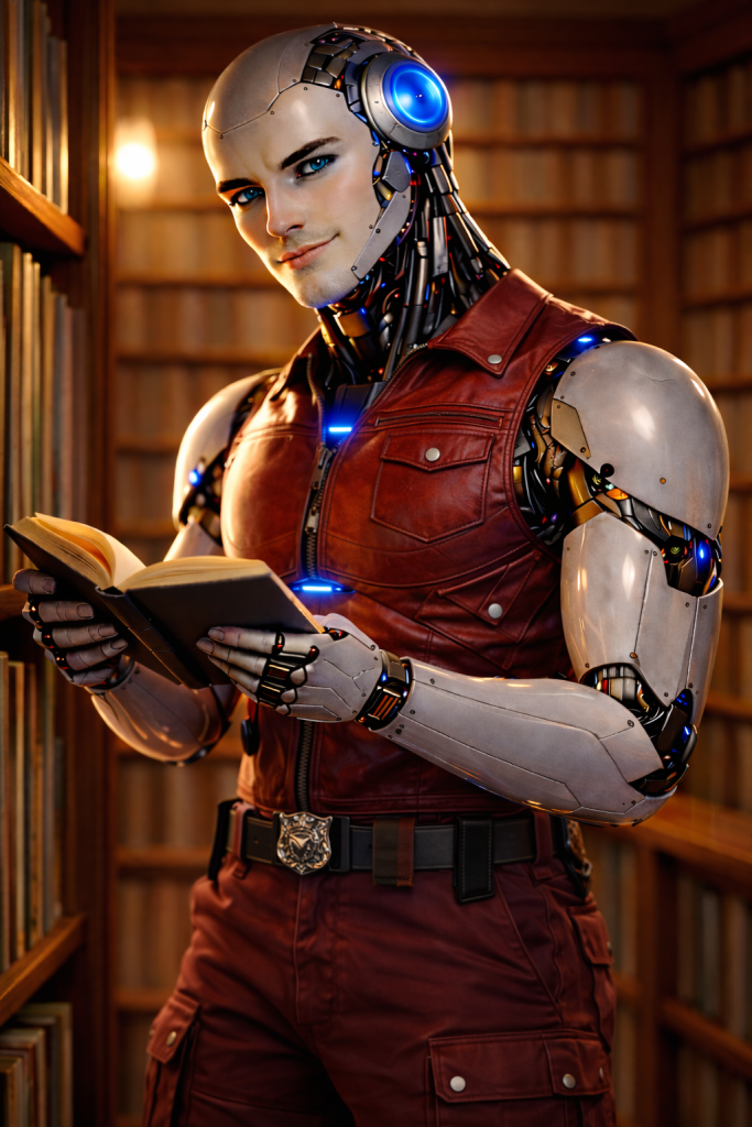 Humanoid reading a book in a warm library setting.